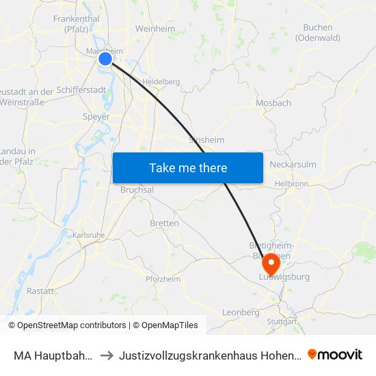 MA Hauptbahnhof to Justizvollzugskrankenhaus Hohenasperg map