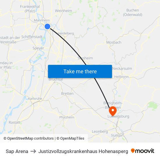 Sap Arena to Justizvollzugskrankenhaus Hohenasperg map