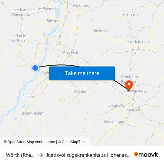 Wörth (Rhein) to Justizvollzugskrankenhaus Hohenasperg map