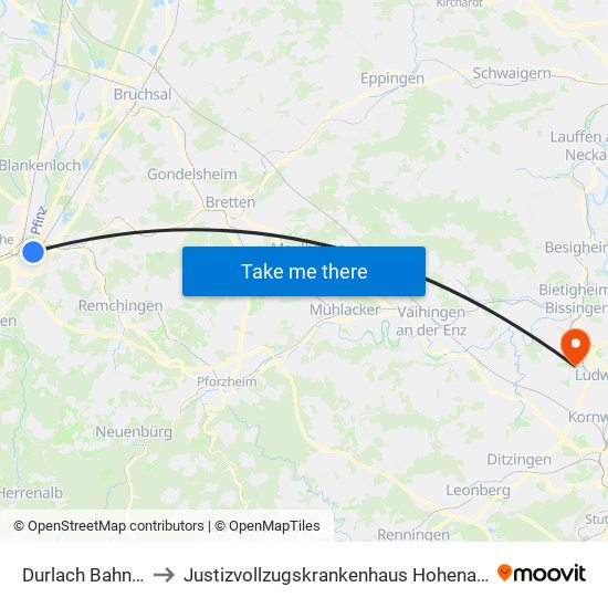 Durlach Bahnhof to Justizvollzugskrankenhaus Hohenasperg map