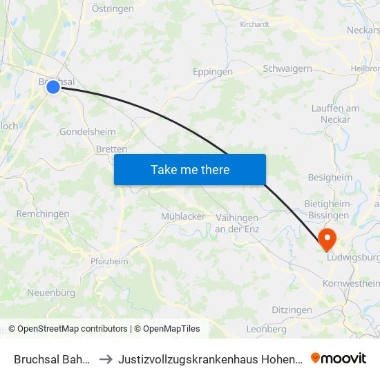 Bruchsal Bahnhof to Justizvollzugskrankenhaus Hohenasperg map