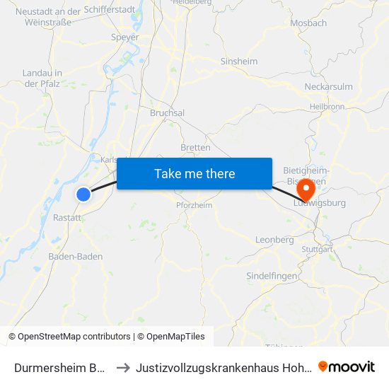 Durmersheim Bahnhof to Justizvollzugskrankenhaus Hohenasperg map