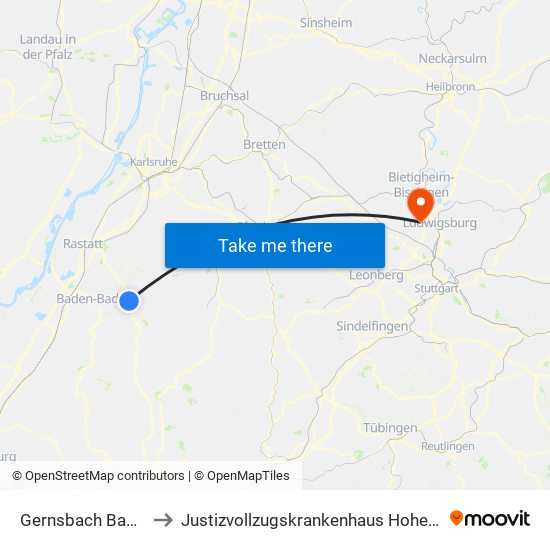 Gernsbach Bahnhof to Justizvollzugskrankenhaus Hohenasperg map