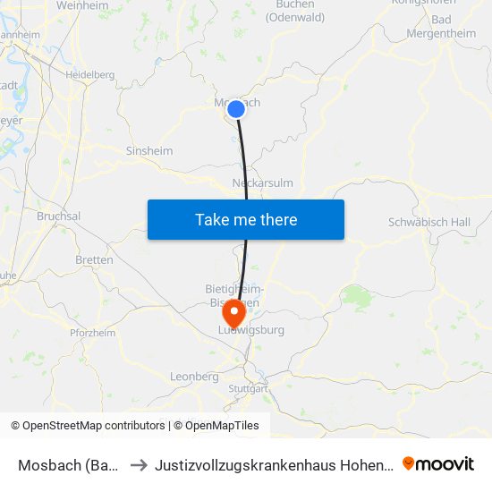 Mosbach (Baden) to Justizvollzugskrankenhaus Hohenasperg map