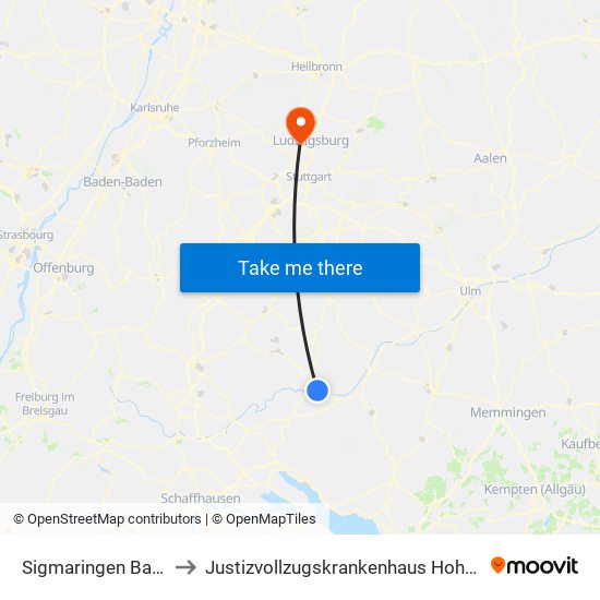 Sigmaringen Bahnhof to Justizvollzugskrankenhaus Hohenasperg map