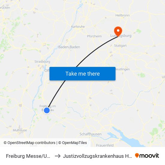 Freiburg Messe/Universität to Justizvollzugskrankenhaus Hohenasperg map