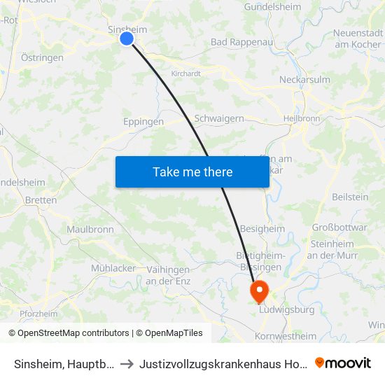 Sinsheim, Hauptbahnhof to Justizvollzugskrankenhaus Hohenasperg map