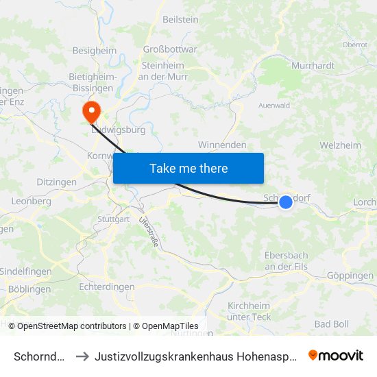Schorndorf to Justizvollzugskrankenhaus Hohenasperg map