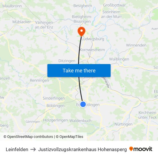 Leinfelden to Justizvollzugskrankenhaus Hohenasperg map