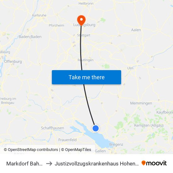 Markdorf Bahnhof to Justizvollzugskrankenhaus Hohenasperg map