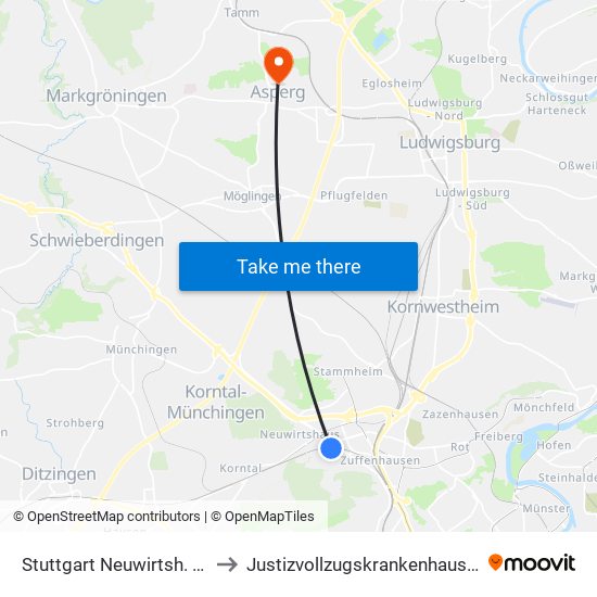 Stuttgart Neuwirtsh. (Porschep.) to Justizvollzugskrankenhaus Hohenasperg map