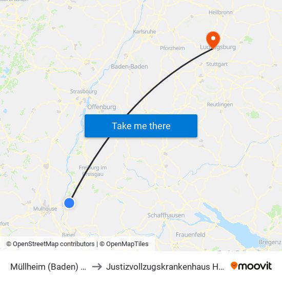 Müllheim (Baden) Bahnhof to Justizvollzugskrankenhaus Hohenasperg map