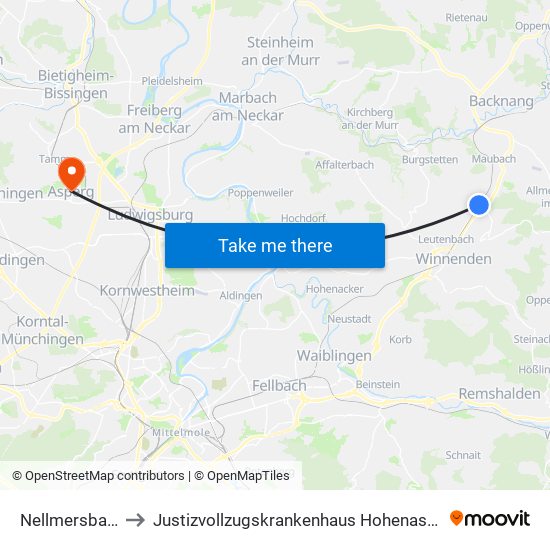 Nellmersbach to Justizvollzugskrankenhaus Hohenasperg map