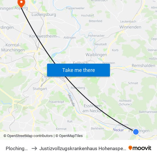 Plochingen to Justizvollzugskrankenhaus Hohenasperg map