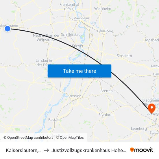 Kaiserslautern, Hbf to Justizvollzugskrankenhaus Hohenasperg map