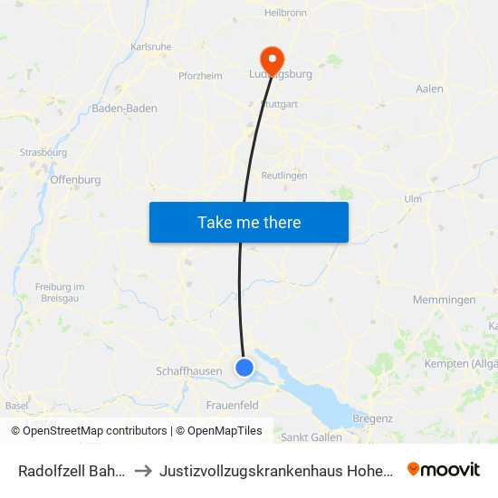 Radolfzell Bahnhof to Justizvollzugskrankenhaus Hohenasperg map