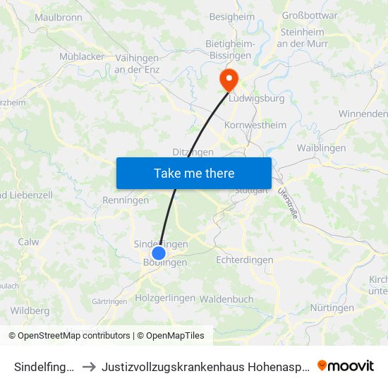 Sindelfingen to Justizvollzugskrankenhaus Hohenasperg map