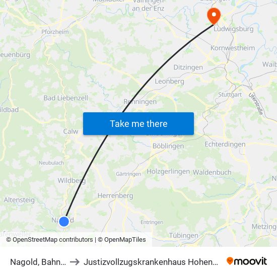 Nagold, Bahnhof to Justizvollzugskrankenhaus Hohenasperg map