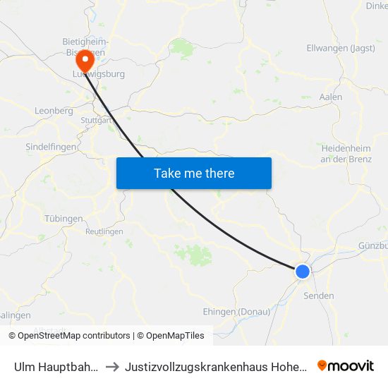 Ulm Hauptbahnhof to Justizvollzugskrankenhaus Hohenasperg map