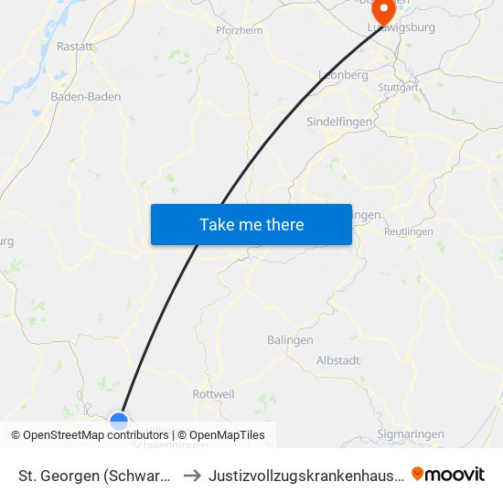 St. Georgen (Schwarzw) Bahnhof to Justizvollzugskrankenhaus Hohenasperg map