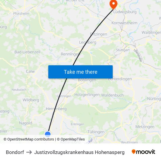 Bondorf to Justizvollzugskrankenhaus Hohenasperg map