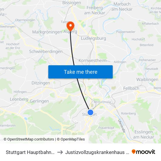 Stuttgart Hauptbahnhof (Oben) to Justizvollzugskrankenhaus Hohenasperg map