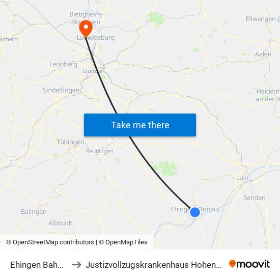 Ehingen Bahnhof to Justizvollzugskrankenhaus Hohenasperg map