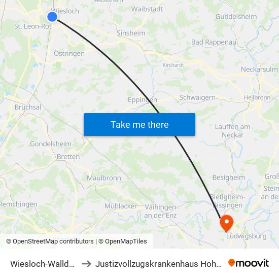 Wiesloch-Walldorf, Bf to Justizvollzugskrankenhaus Hohenasperg map