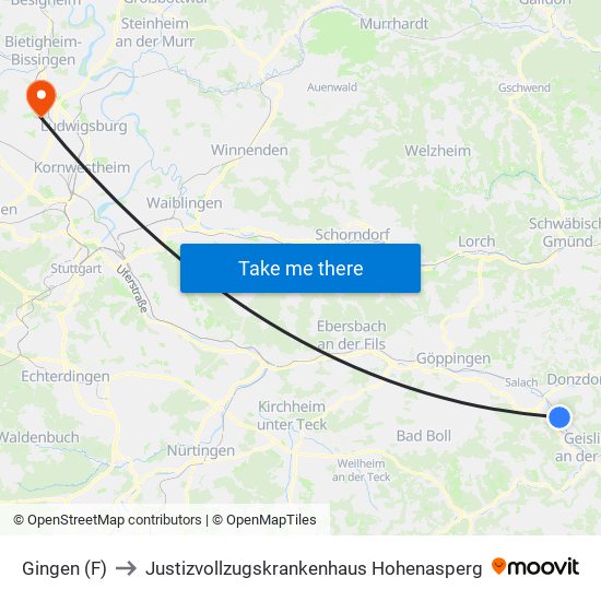 Gingen (F) to Justizvollzugskrankenhaus Hohenasperg map