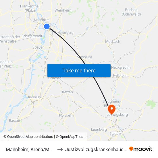 Mannheim, Arena/Maimarkt (Db) to Justizvollzugskrankenhaus Hohenasperg map