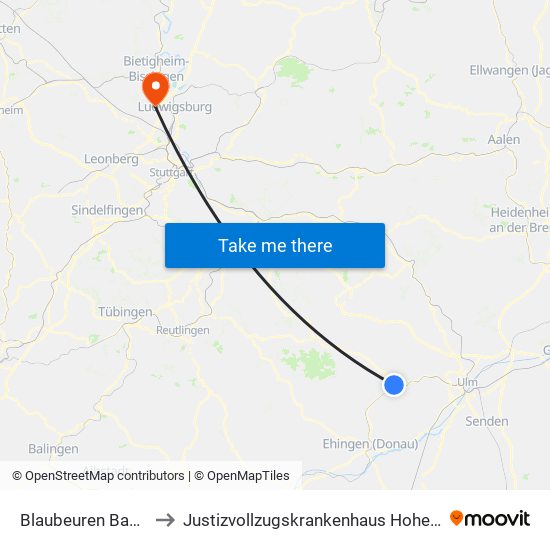 Blaubeuren Bahnhof to Justizvollzugskrankenhaus Hohenasperg map