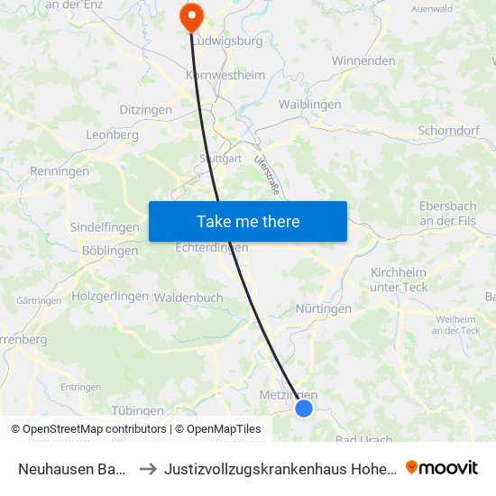 Neuhausen Bahnhof to Justizvollzugskrankenhaus Hohenasperg map