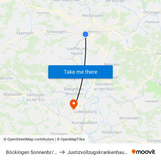 Böckingen Sonnenbr/Eisenbahnm to Justizvollzugskrankenhaus Hohenasperg map