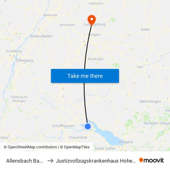 Allensbach Bahnhof to Justizvollzugskrankenhaus Hohenasperg map