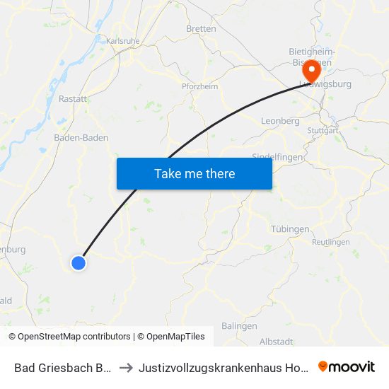 Bad Griesbach Bahnhof to Justizvollzugskrankenhaus Hohenasperg map