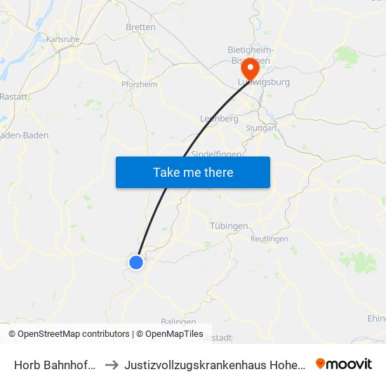 Horb Bahnhof/Zob to Justizvollzugskrankenhaus Hohenasperg map