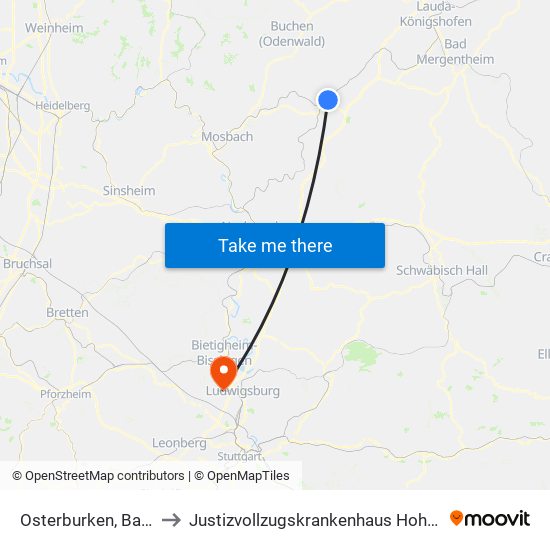 Osterburken, Bahnhof to Justizvollzugskrankenhaus Hohenasperg map