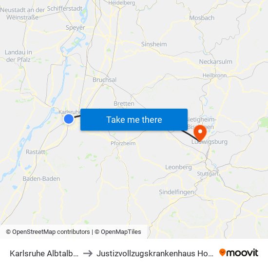 Karlsruhe Albtalbahnhof to Justizvollzugskrankenhaus Hohenasperg map