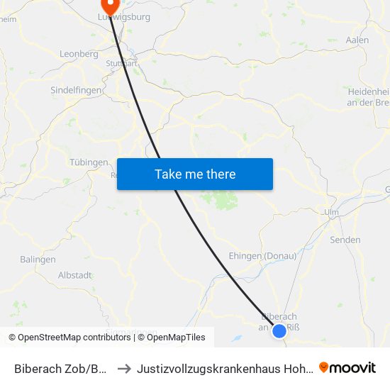 Biberach Zob/Bahnhof to Justizvollzugskrankenhaus Hohenasperg map