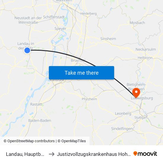 Landau, Hauptbahnhof to Justizvollzugskrankenhaus Hohenasperg map