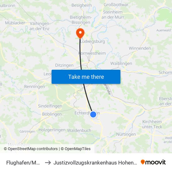 Flughafen/Messe to Justizvollzugskrankenhaus Hohenasperg map