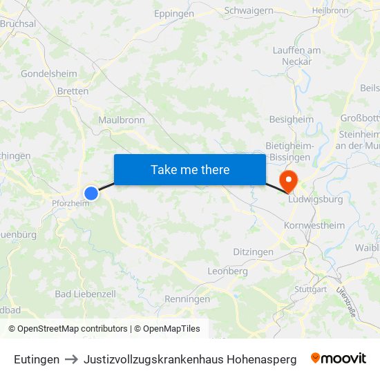 Eutingen to Justizvollzugskrankenhaus Hohenasperg map