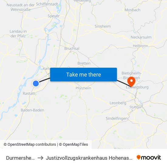 Durmersheim to Justizvollzugskrankenhaus Hohenasperg map