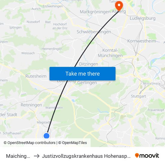 Maichingen to Justizvollzugskrankenhaus Hohenasperg map