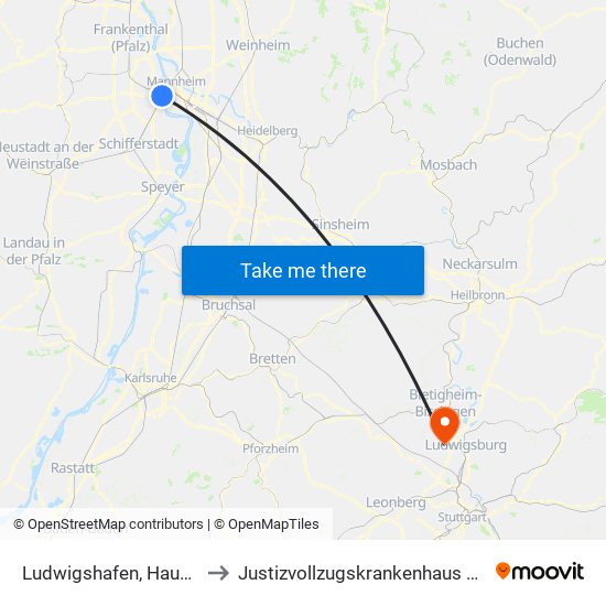 Ludwigshafen, Hauptbahnhof to Justizvollzugskrankenhaus Hohenasperg map