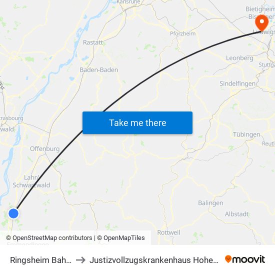 Ringsheim Bahnhof to Justizvollzugskrankenhaus Hohenasperg map