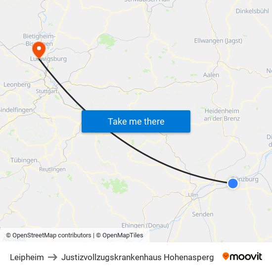 Leipheim to Justizvollzugskrankenhaus Hohenasperg map