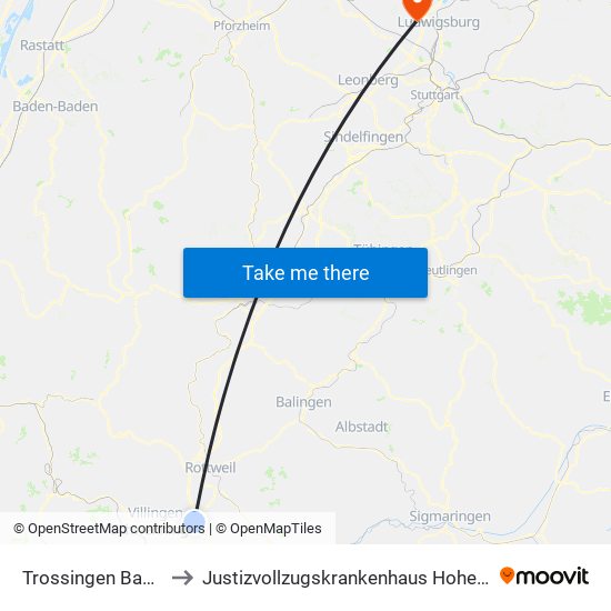 Trossingen Bahnhof to Justizvollzugskrankenhaus Hohenasperg map