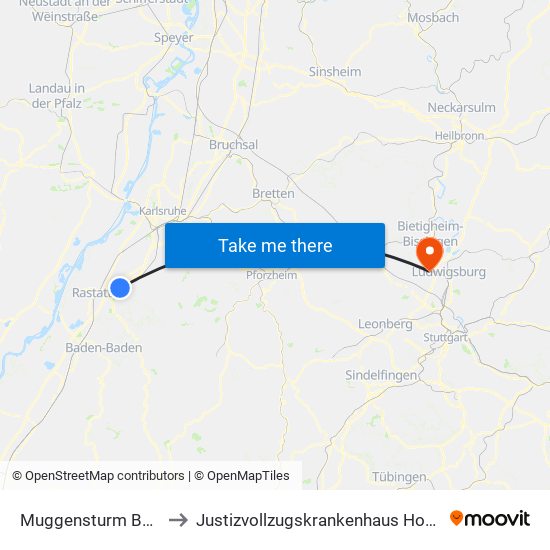 Muggensturm Badesee to Justizvollzugskrankenhaus Hohenasperg map