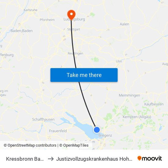 Kressbronn Bahnhof to Justizvollzugskrankenhaus Hohenasperg map